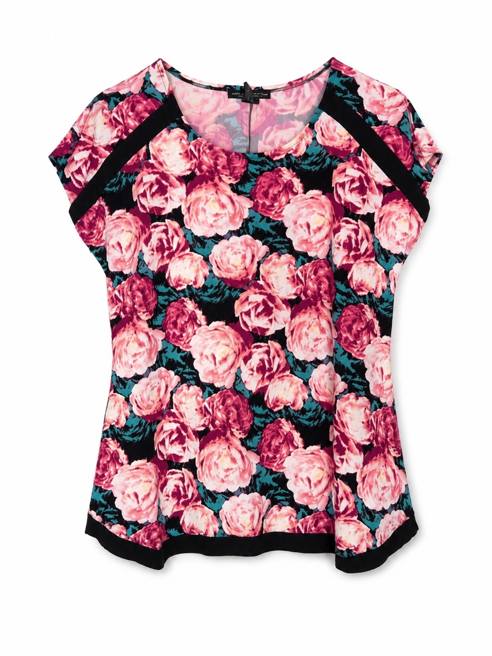 Suzie in the City Pink Rose Floral Black Trim Short Sleeve Top Large